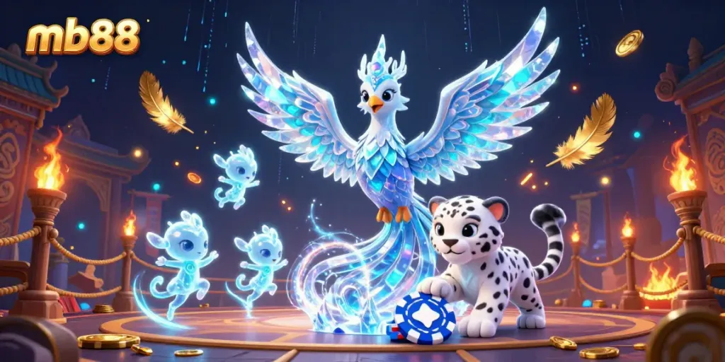 Engage in thrilling gameplay at mb88, featuring a vibrant scene with an ice phoenix and gaming elements.