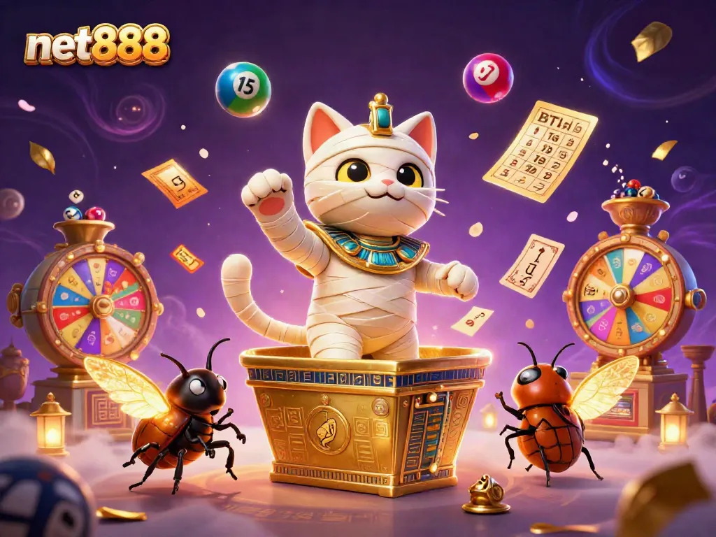 Engage in thrilling gaming adventures with net888, featuring a vibrant casino scene of Egyptian-themed characters.