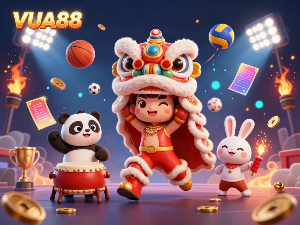 Engage in the VUA88 spirit with vibrant lion dance characters amidst dynamic sports betting elements.