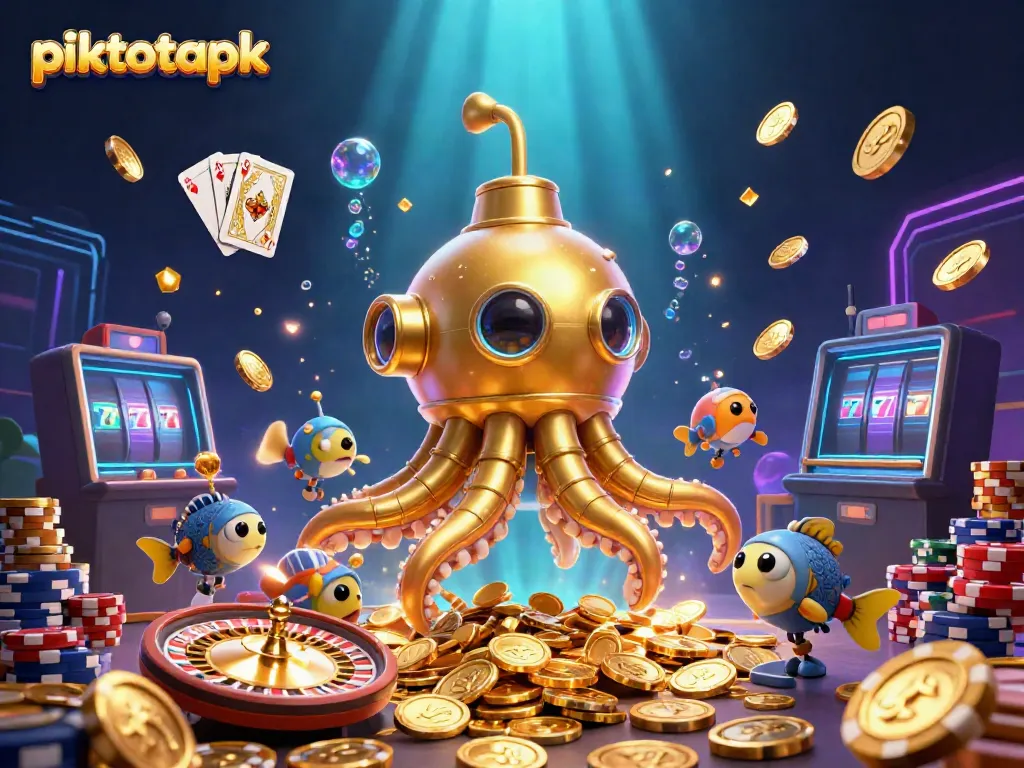 Engage with piktotoapk's vibrant 3D casino scene showcasing winning moments with a kraken and coins.