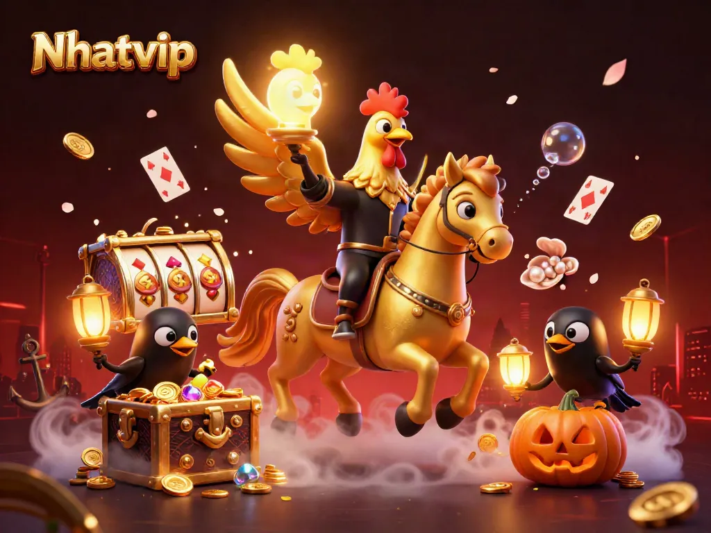 Nhatvip showcases vibrant casino action with a golden rooster gaming in a dynamic midnight setting.