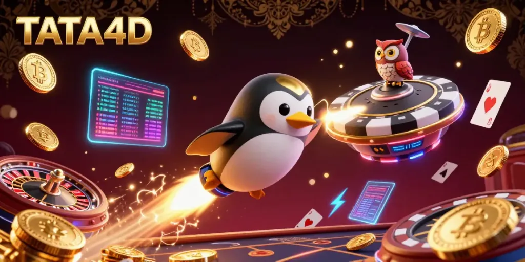 Experience TATA4D's interactive live casino with a vibrant 3D scene featuring gaming elements and a rocket-powered penguin.