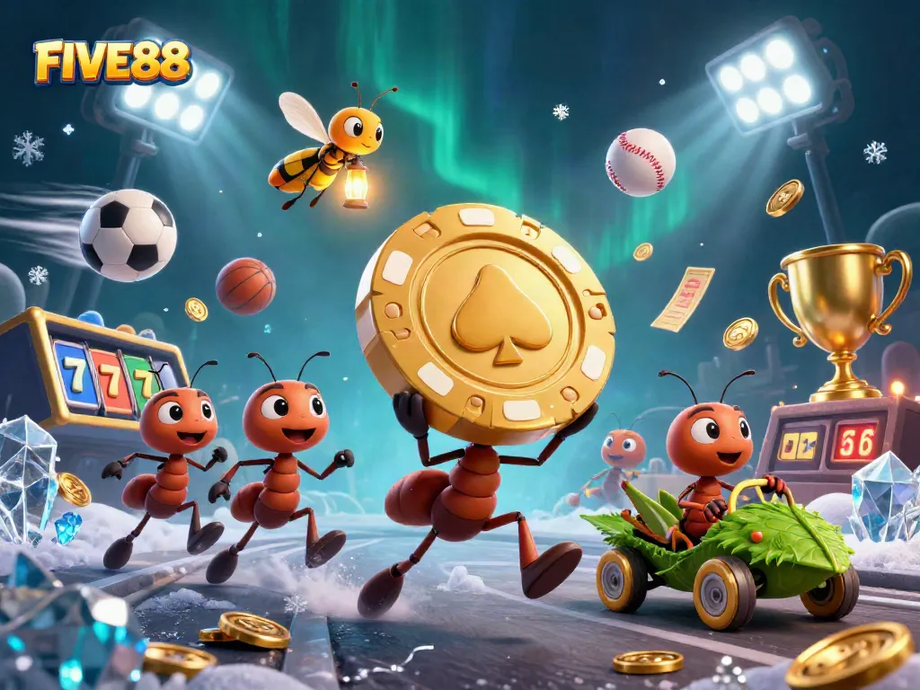 FIVE88 casino illustration showcasing a 3D team of ants executing a thrilling poker chip heist.