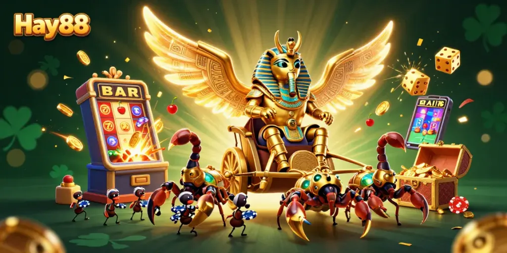 Experience thrilling gaming adventures at Hay88 with vibrant casino elements and dynamic characters.